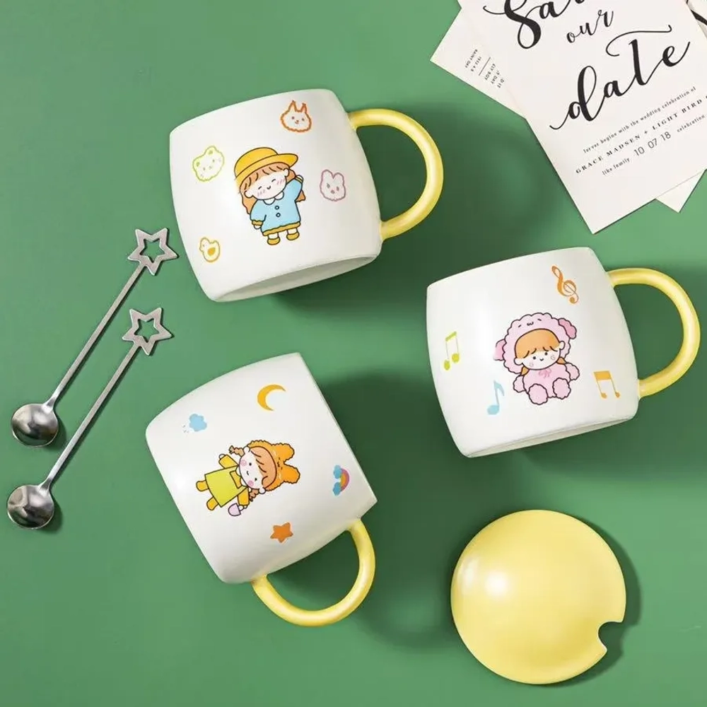 Керамическая кружка с крышкой и ложкой, бело-желтый, 420 мл