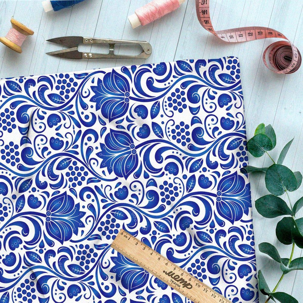 Ткань премиум атлас фантазия на тему гжели