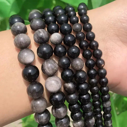 Обсидиан Серебристый бусины шарик 4/6/8/10/12 мм, на нитке 38 см