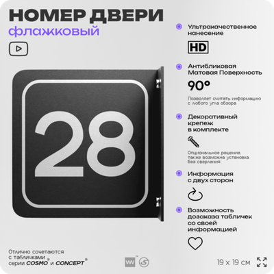 Табличка флажковая с номером 28 на дверь квартиры, для офиса, кабинета, аудитории, склада, черная двустороняя 19х19 см, Айдентика Технолоджи