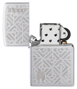 Зажигалка Zippo Logo and Flame с покрытием Satin Chrome, латунь/сталь, серебристая, матовая, 38x13x5