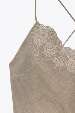 ZARA ПЛАТЬЕ-КОМБИНАЦИЯ С ВЫШИВКОЙ, СЕРО-КОРИЧНЕВЫЙ