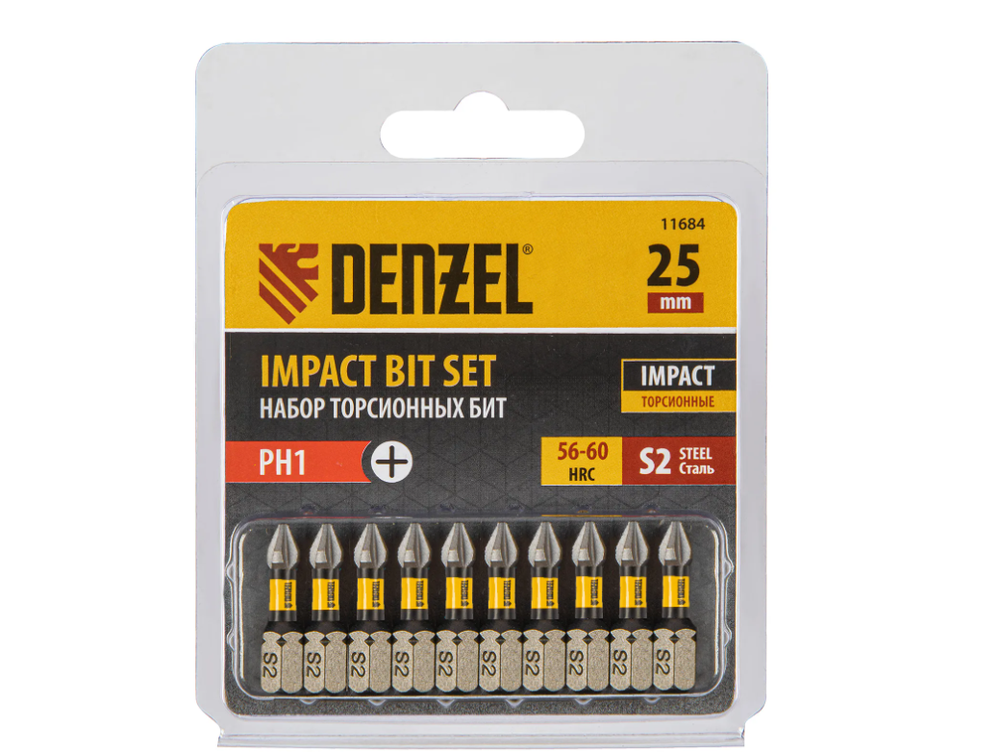Бита IMPACT, PH1x25 мм, лазерная обработка шлица, сталь S2, 10 шт., Е 6,3 Denzel 11684
