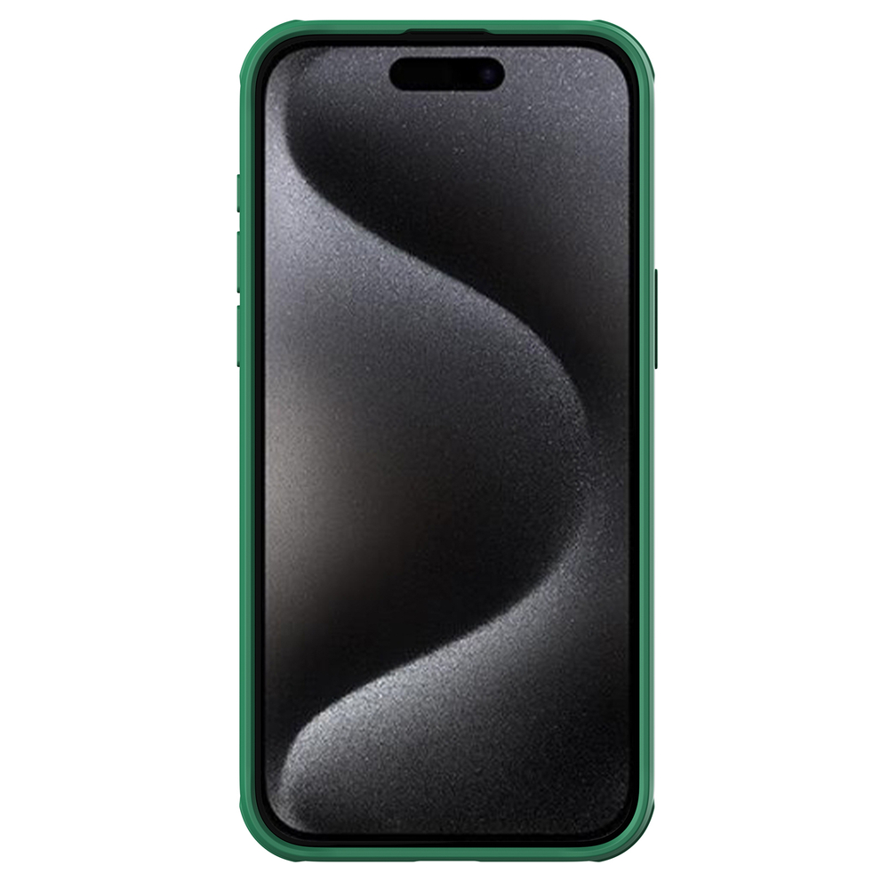 Противоударный чехол зеленого цвета (Deep Green) с защитной шторкой для камеры от Nillkin на iPhone 15 Pro Max, серия CamShield Pro Case