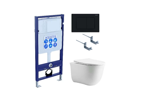 Унитаз с инсталляцией Aquatek Классик SET AQUATEK КЛАССИК cm-012 4в1 с черной матовой кнопкой, с крышкой микролифт, безободковый