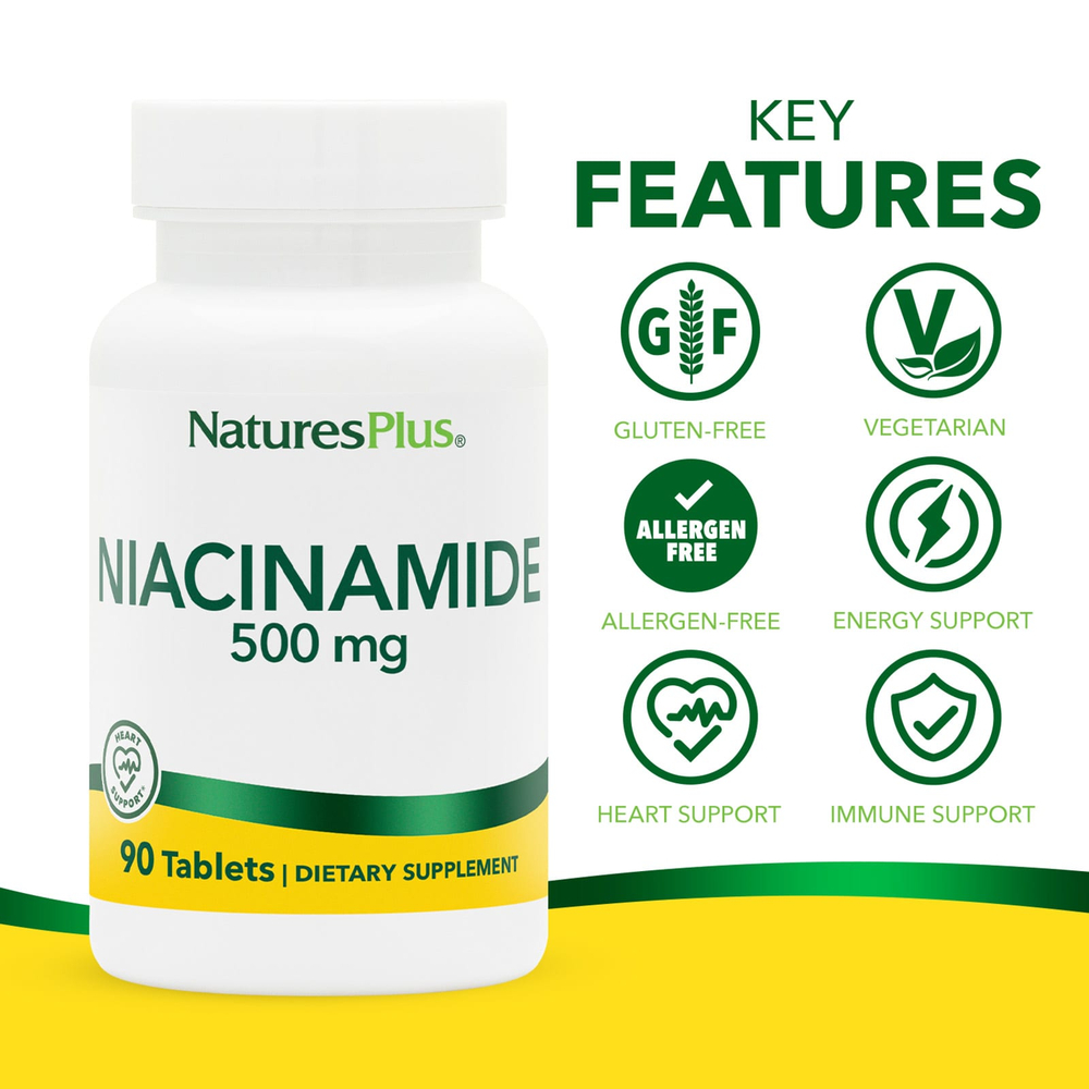 NaturesPlus, никотинамид, 500 мг, 90 таблеток