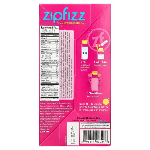 Zipfizz, Энергетическая смесь для здорового спорта с витамином B12, розовый лимонад, 20 тюбиков по 11 г (0,39 унции)