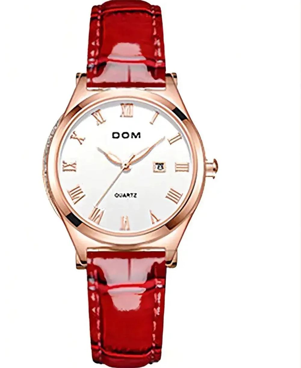 Часы наручные кварцевые DOM на кожаном ремешке, белый/красный W10130-01