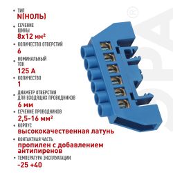 Шина ЭРА NO-224-109 N ноль в комбинированном изоляторе на DIN-рейку ШНИ-8х12-6-Д-синий | Электротовары