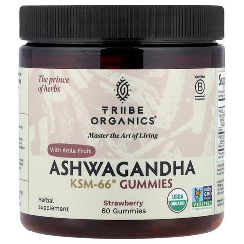 Tribe Organics, ашваганда KSM-66®, жевательные таблетки с плодами амлы, со вкусом клубники, 60 жевательных таблеток