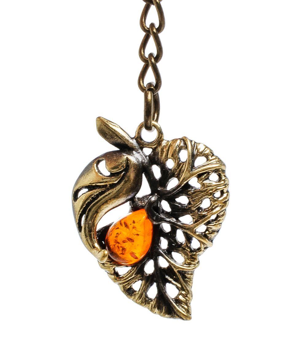 AM-1461 Брелок «Лист сирени с каплей» (латунь, янтарь)