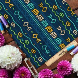 Ткань таффета разноцветные символы и руны на тёмно-синем фоне