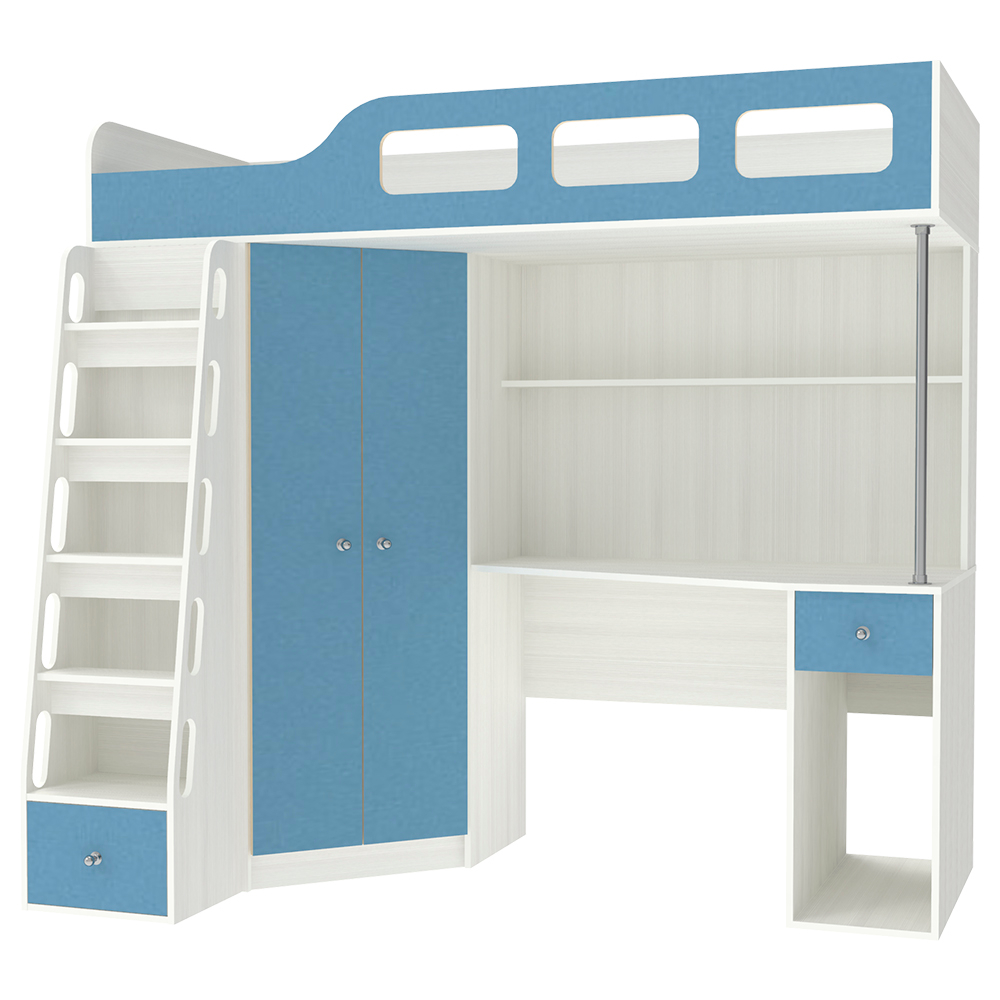 Кровать-чердак КарИВи Астра 7 Белое Дерево Светло-синий, голубой