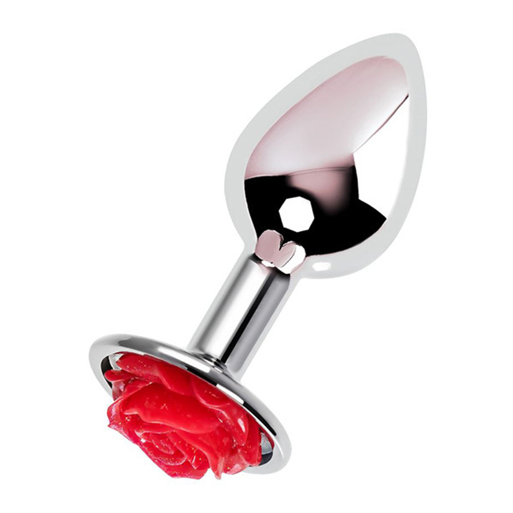 Серебристая анальная втулка с красной розочкой 8см ToyFa Metal 717009-9