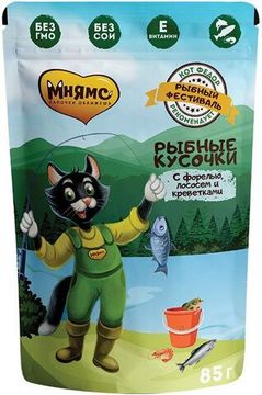 Мнямс влажный корм для кошек кусочки лосося с креветками и форелью "Рыбный фестиваль", 85 гр