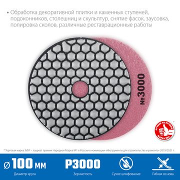 ЗУБР 100 мм, №3000, сухое шлифование, алмазный гибкий шлифовальный круг АГШК, Профессионал (29868-3000)