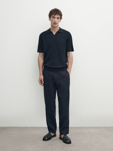 Massimo Dutti Трикотажное поло из смесового хлопка, темнг-синий