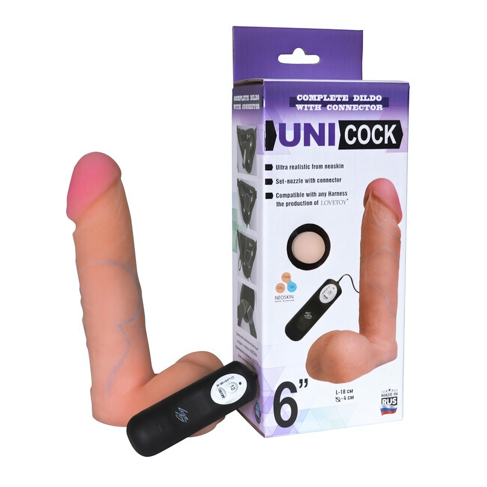 Вибратор с креплением для страпон-трусиков Unicock 6''12 режимов, вторая кожа (18 см , телесный ) (Цвет: телесный)