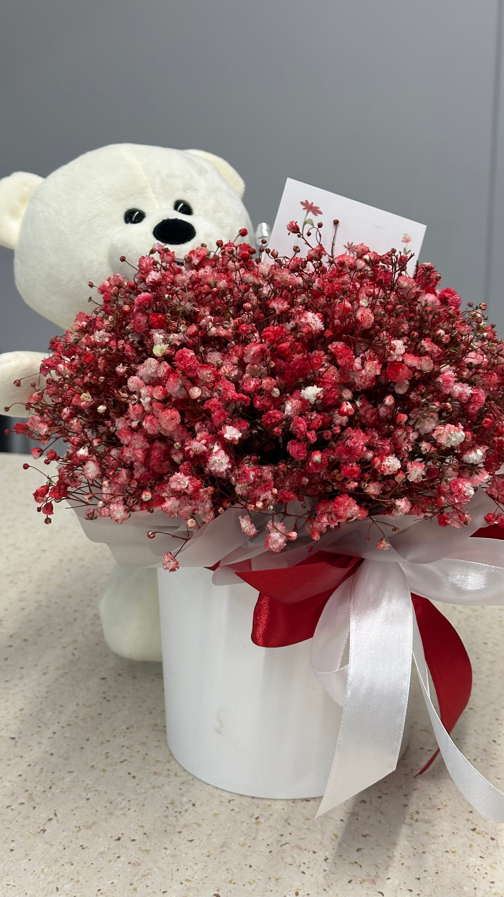 Цилиндр с окрашенной гипсофилой плюс мягкая игрушка