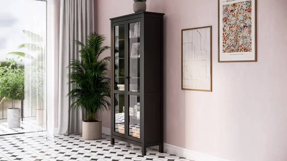 Шкаф-витрина стекло/стекло - аналог IKEA HEMNES / ХЕМНЭС/ ХЕМНЕС / КЫМОР / ИКЕА 90х198х37 см, черный