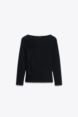 ZARA ФУТБОЛКА С ОБЪЕМНЫМ ЦВЕТКОМ, ЧЕРНЫЙ