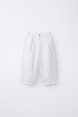 ZARA БРЮКИ СО СКЛАДКАМИ ИЗ 100% ЛЬНА, БЕЛЫЙ