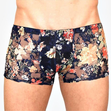 Мужские трусы боксеры темно синие в цветок бежевый Romeo Rossi Black Boxer RR00221