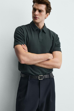 ZARA ПОЛО ИЗ РЕЛЬЕФНОЙ ТКАНИ ВАФЕЛЬНОГО ПЕРЕПЛЕТЕНИЯ, ЗЕЛЕНОВАТО-СИНИЙ