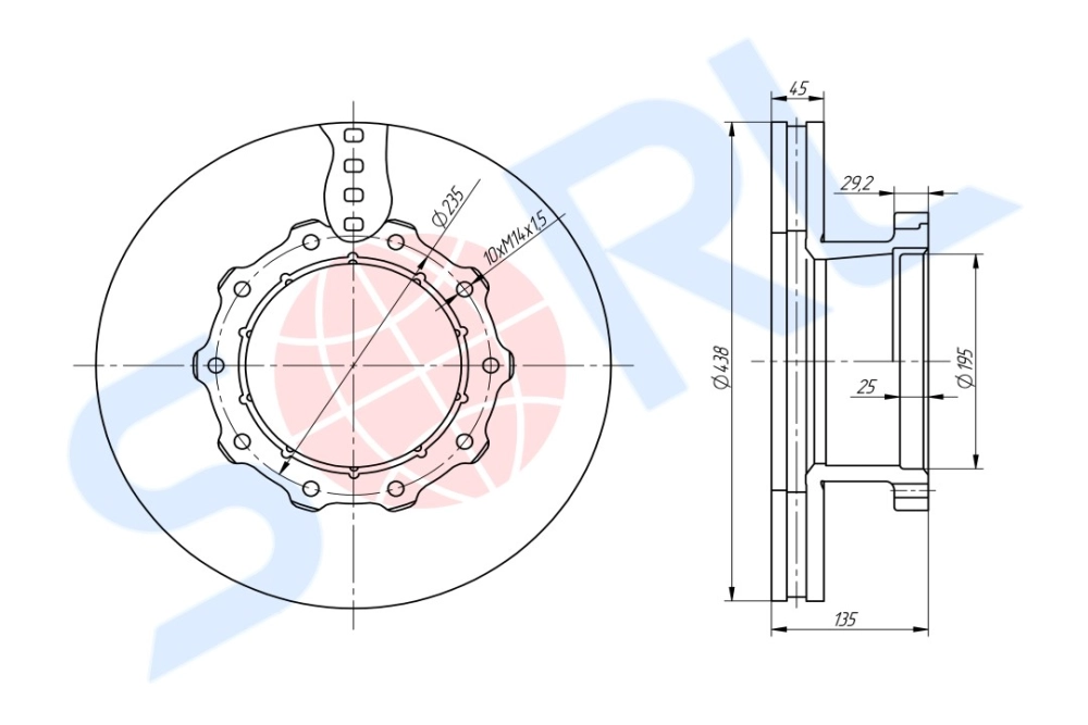 Диск тормозной 438/195x45/135 10n-235-M14x1.5 MB (3564210312) SORL