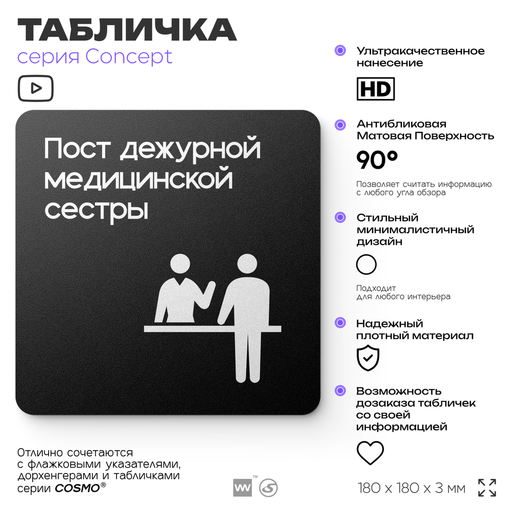 Табличка Пост медсестры, на дверь и стену, навигационная и информационная, серия CONCEPT, 18х18 см, Айдентика Технолоджи