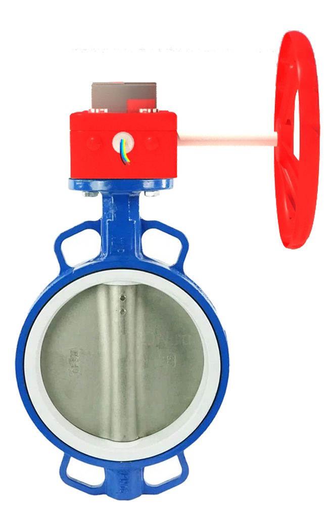 Válvula de mariposa para agua Elephant wcb-ptfe-s-hgbf, material del cuerpo - acero al carbono WCB, material del disco - acero inoxidable AISI 316L, sello - PTFE, accionamiento por engranaje