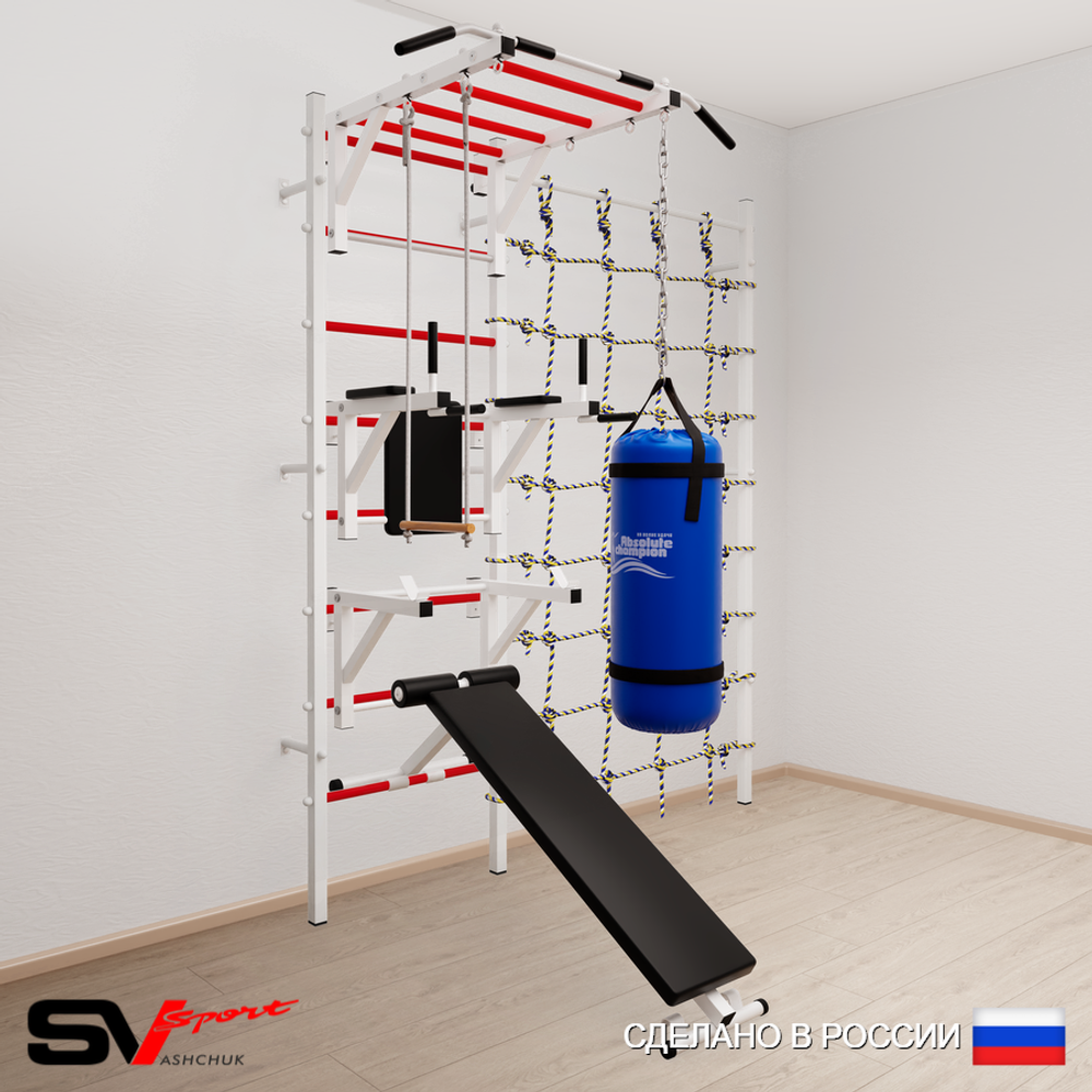 Шведская стенка Sv Sport усиленная 66330 (Турник рукоход/Брусья/Стойка/Скамья/Трапеция/Цепь/Мешок 30кг/Канатный лаз)