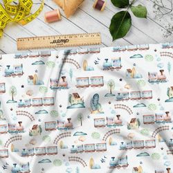 Ткань поплин акварельные паровозики