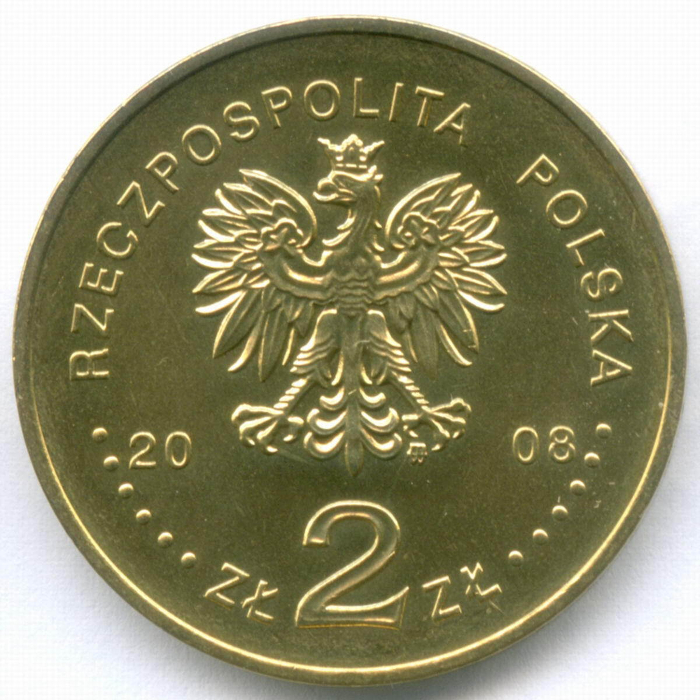 2 злотых 2008 год. Польша. 400 лет польским поселениям в Северной Америке. Латунь AUNC