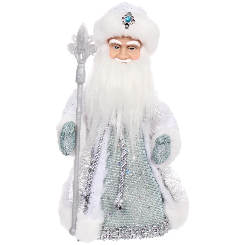 Дед Мороз музыкальный «Серебристый снег» 30 см (серебряная шубка)