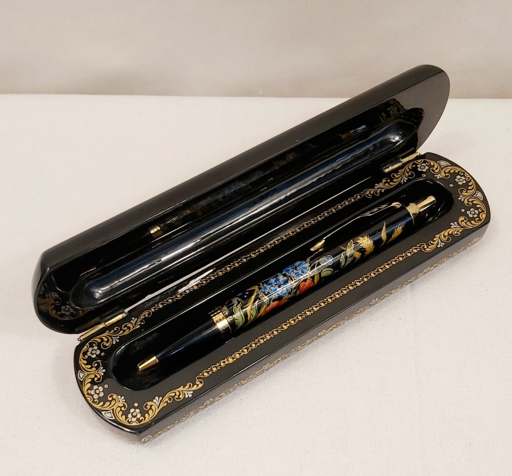 Ручка расписная  Паркер в шкатулке "Пшеница с маками" №3 с ручной росписью Палех