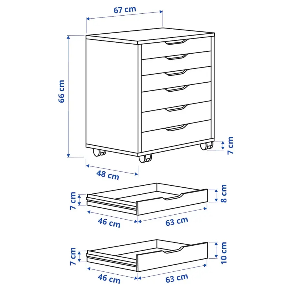 Комод на колесиках - IKEA ALEX/АЛЕКС ИКЕА, 66х48х67 см, под беленый дуб
