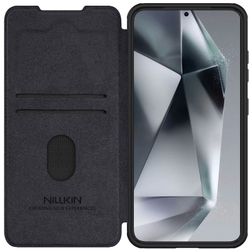 Кожаный чехол книжка черного цвета от Nillkin для Samsung Galaxy S25, серия Qin Pro Leather с сдвижной защитной шторкой для камеры
