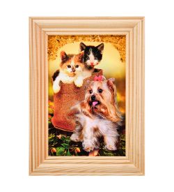 AMB-56/22 Картина «Дружная семейка котят и щенка» (с янтарной крошкой) дер.рамка 8х12