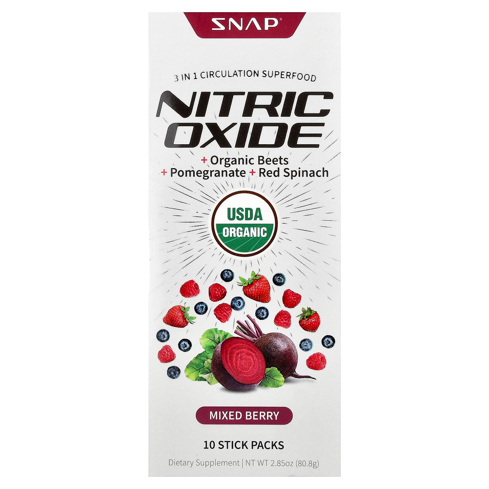 Snap Supplements, оксид азота, суперфуд для поддержки кровообращения, 3 в 1, ягодное ассорти, 10 стик-пакетов по 8,1 г (0,29 унции)