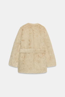 ZARA ШУБА ИЗ ИСКУССТВЕННОГО МЕХА С ПОЯСОМ — ZW COLLECTION, ЭКРЮ