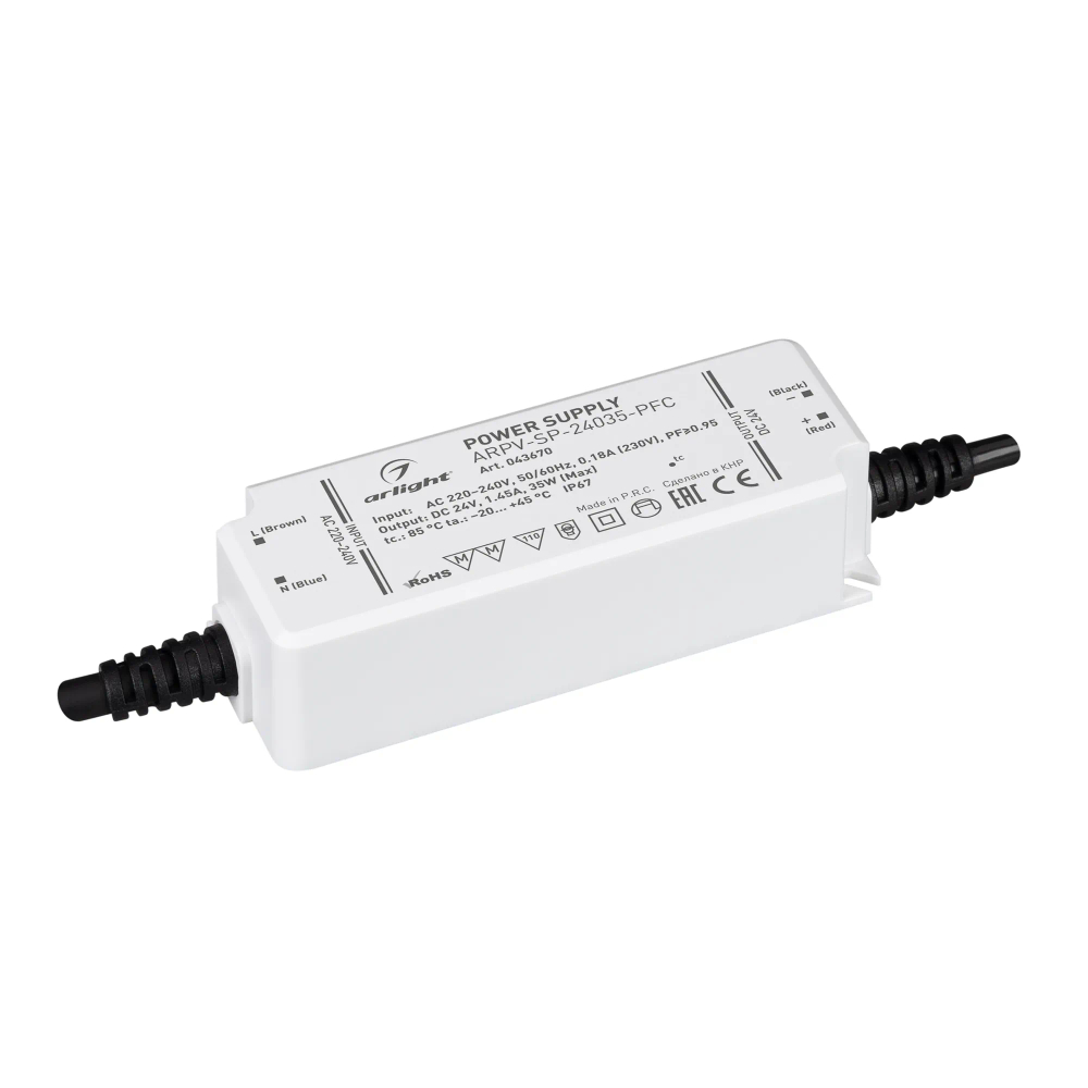 Блок питания ARPV-SP-24035-PFC (24V, 1.45A, 35W) (Arlight, IP67 Пластик, 5 лет) 043670