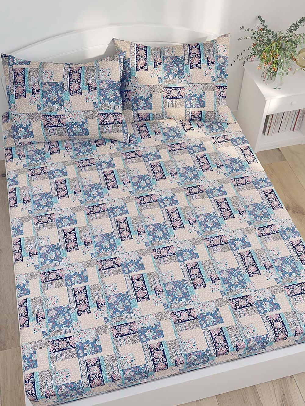 Постельное белье Сказка "Лоскутная мозаика" евро Наволочка 50х70 см 2 шт Простынь на резинке 180х200 см Пододеяльник 200х215 см, перкаль