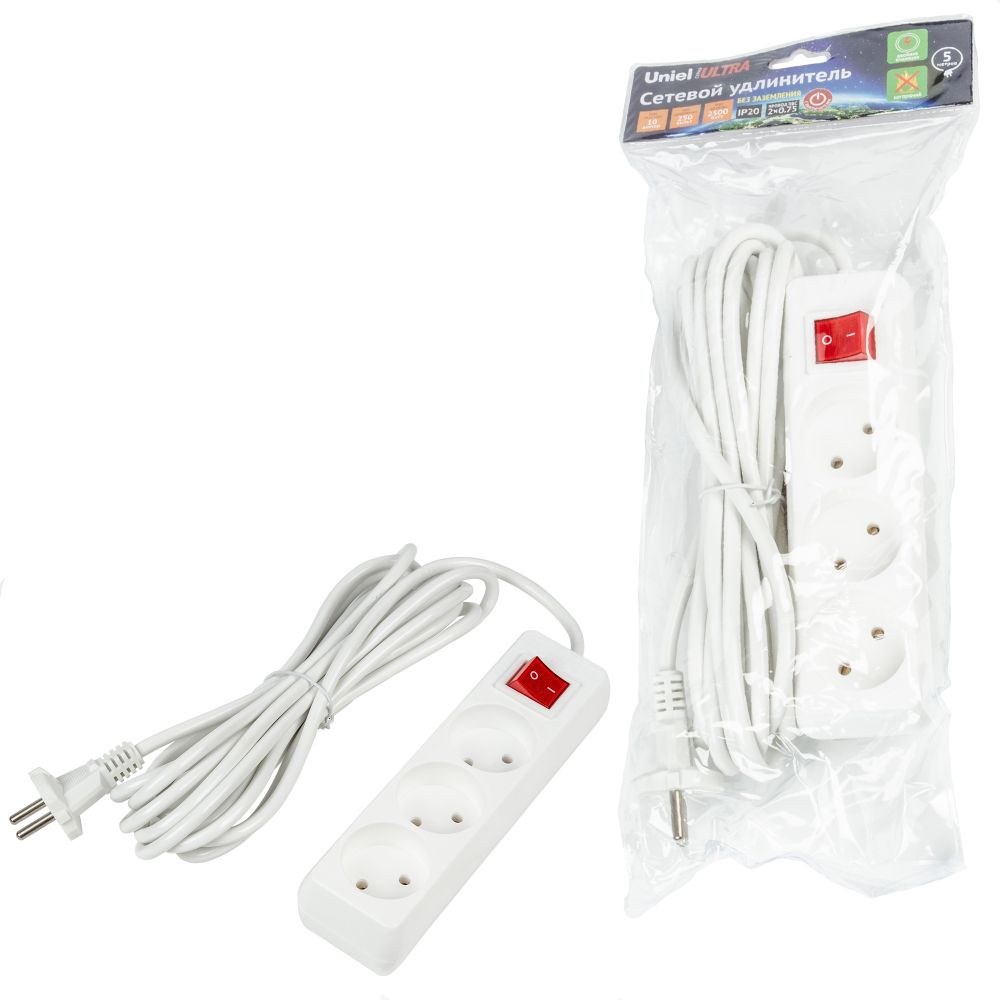 S-CU3-5B WHITE Удлинитель серии Ultra, шнур 5м., 3 гнезда, 10A, б/з. Белый. TM Uniel
