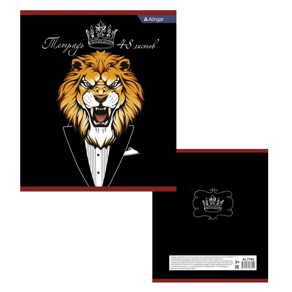 Тетрадь 48л., А5, клетка, Alingar "Львы в пиджаках", скрепка, мелованный картон, 4 дизайна в пленке т/у