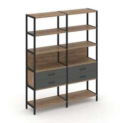 Shelf System Двухсекционный стеллаж пятиярусный с ящиками SN.STM-522 Дуб Табак/Антрацит/Металл Черны