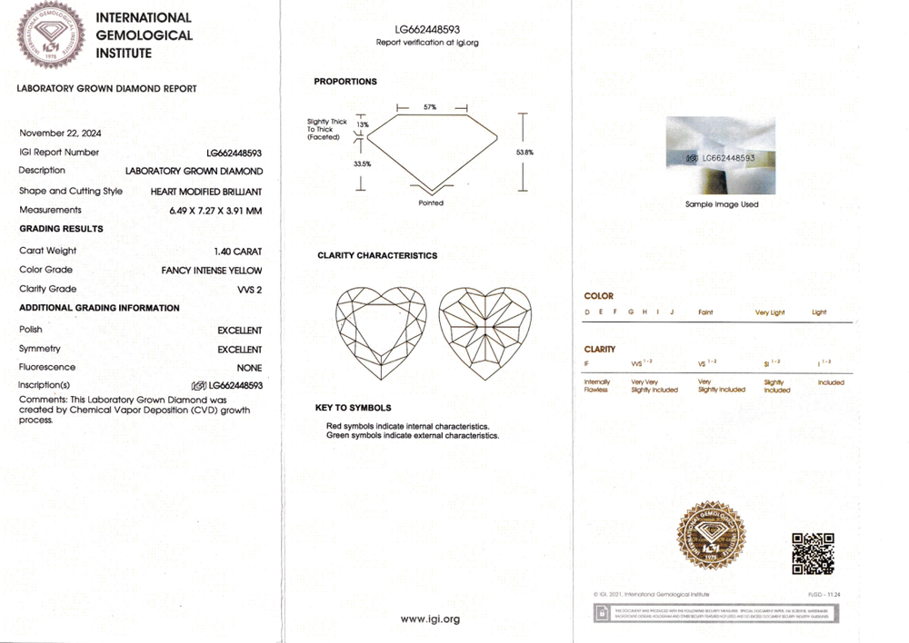 Лабораторно-выращенный бриллиант сердце 6.49 х 7.27 х 3.91 мм Fancy INTENSE YELLOW/VVS2 1.40 ct