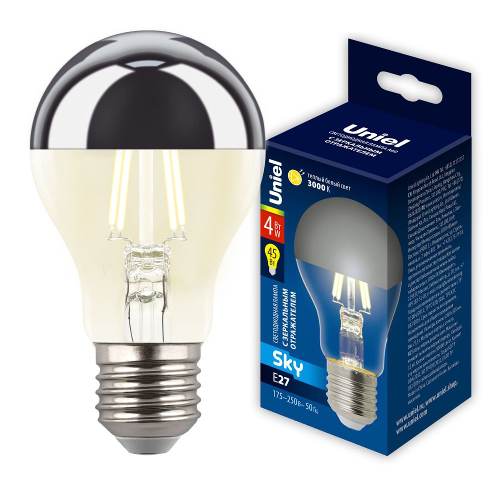 LED-A60-4W-3000K-E27-CL MIRROR-CHROME PLS02WH Лампа светодиодная. Форма A. прозрачная колба с зеркальным отражателем. Серия Sky. Теплый белый свет 3000K. Картон. ТМ Uniel