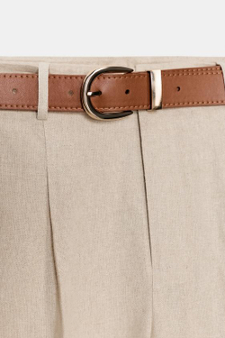 ZARA БРЮКИ ИЗ ЛЬНА С ЗАЩИПАМИ И РЕМНЕМ, СВЕТЛО-БЕЖЕВЫЙ