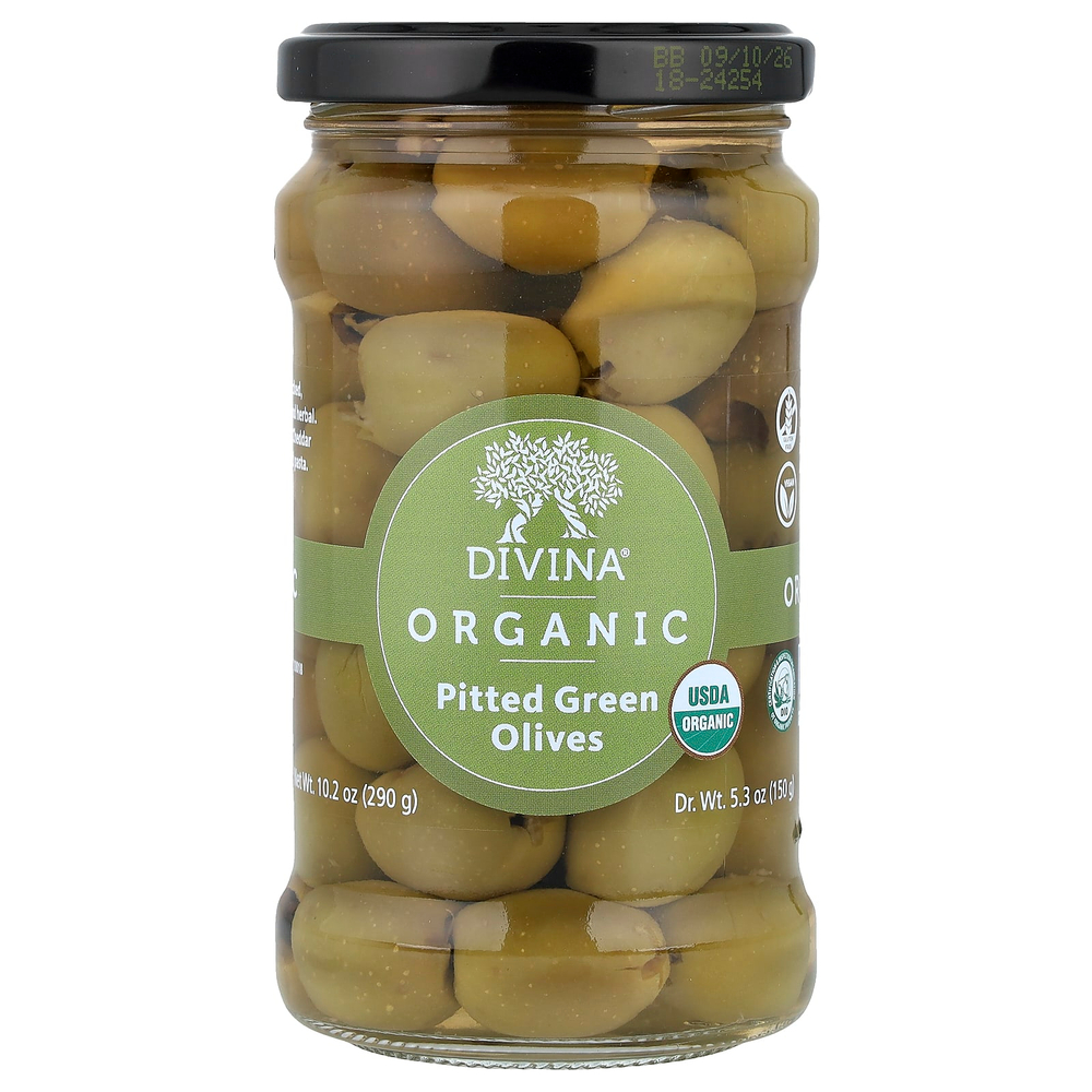 Divina, Органические зеленые оливки без косточек, 150 г (5,3 унции)